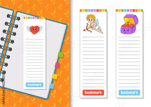 Set of paper bookmarks for books with cute cartoon characters. For kids. Isolated on white background. Vector illustration.