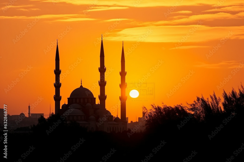 Silhouettes of minarets against a golden sky, Religion, bokeh 