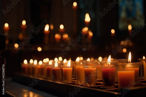 Illuminated candles in a dimly lit chapel, Religion, bokeh 