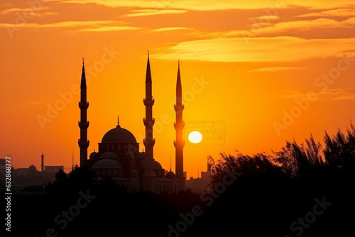 Silhouettes of minarets against a golden sky, Religion, bokeh 