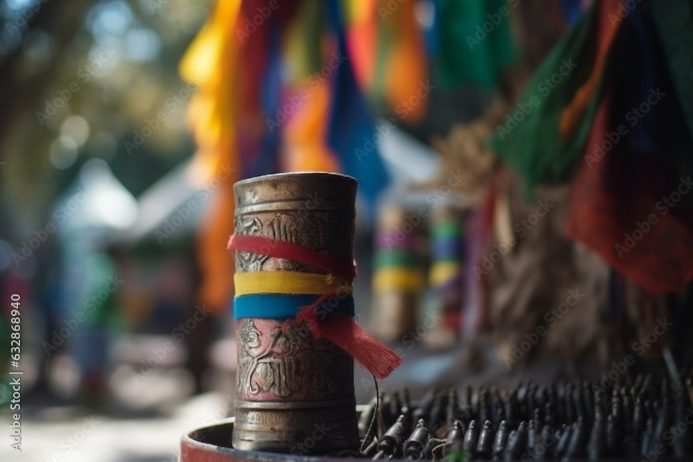 A close-up of a prayer wheel with colorful flags, Religion, bokeh 
