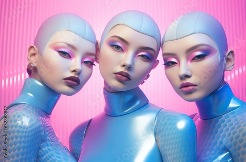 futuristic three fashion models with color hair