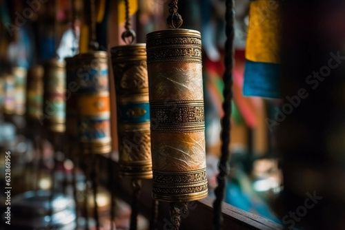 A close-up of a prayer wheel with colorful flags, Religion, bokeh  photo