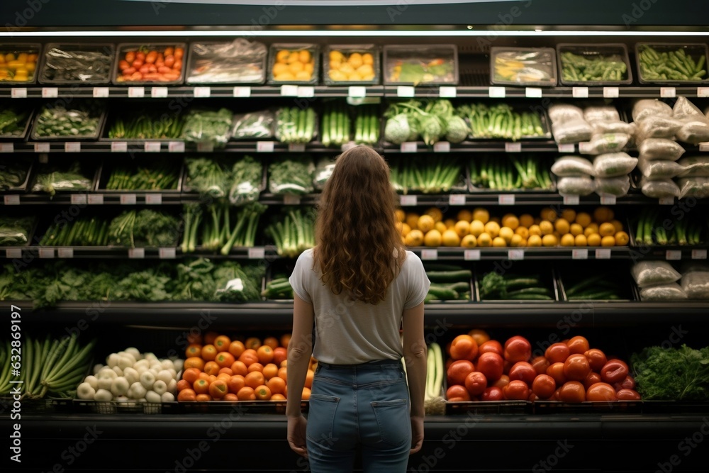 Abundant Harvest: Woman Standing in Front of a Row of Produce at the Market. Generative Ai