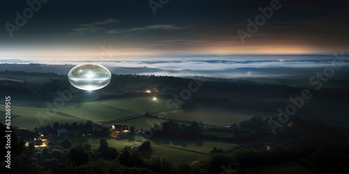 glowing orb UFO over rural property at dusk