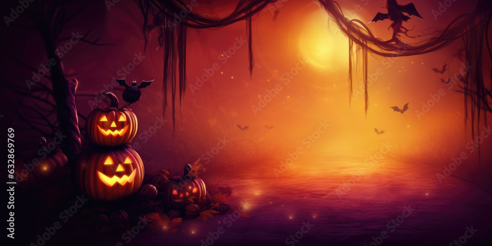 Halloween background with pumpkins in dark forest. created by generative AI technology.