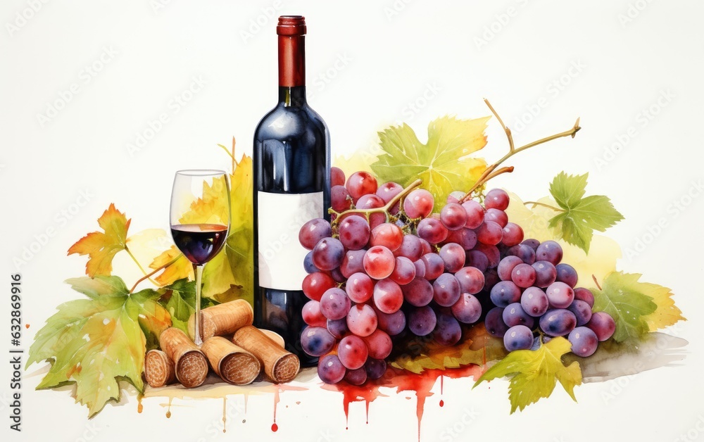 Watercolor of the bottle of wine and grapes.