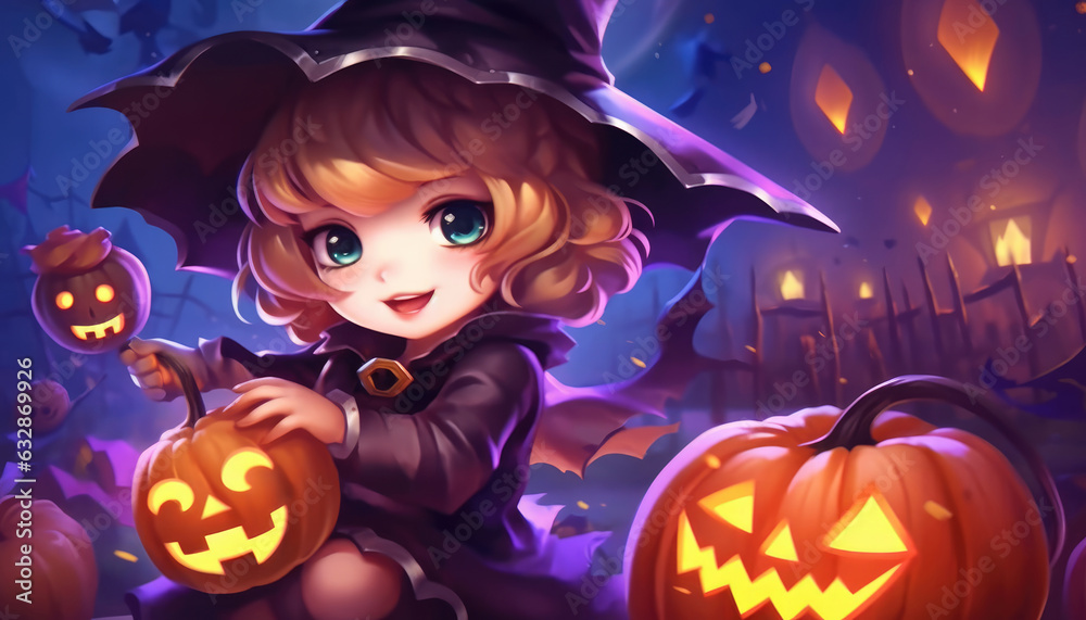 Little girl in a witch costume with pumpkins. Halloween illustration. created by generative AI technology. Little girl in a witch costume with pumpkins. Halloween illustration. created by generative AI technology.