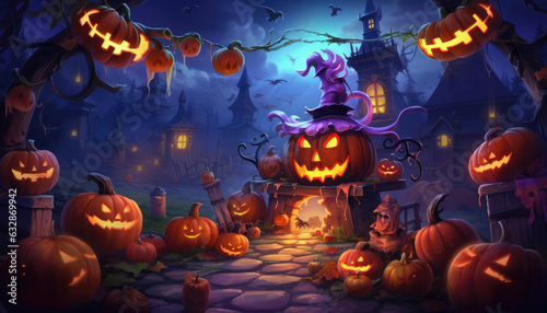 Halloween background with pumpkins, lanterns and castle. Vector illustration. created by generative AI technology.