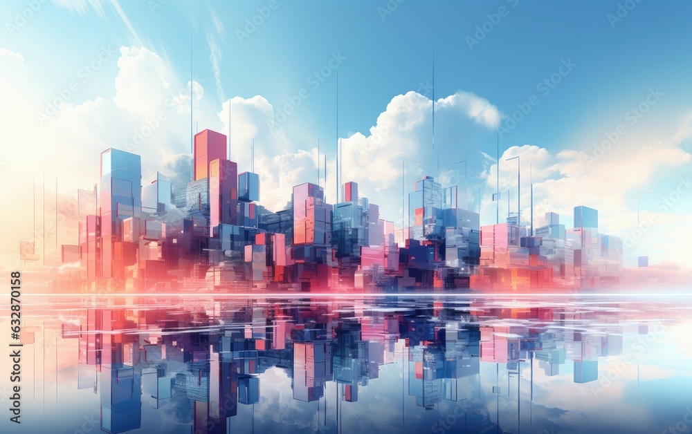A pink and blue futuristic modern technology city skyline with buildings.