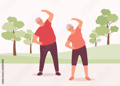 Smiling Senior Couple Doing Warm-Up And Stretching Exercises In The Park. Full Length.