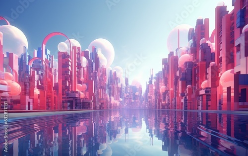 A pink and blue futuristic modern technology city skyline with buildings. © hugo