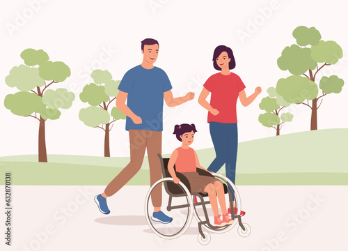 Happy Daughter With Disability Sitting On A Wheelchair Doing Exercise With Her Father And Mother In The Park. Full Length.