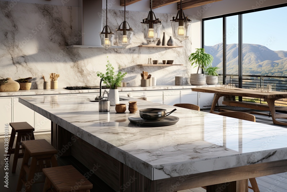 Interior of modern kitchen with gray walls, concrete floor, white marble countertops and bar with stools