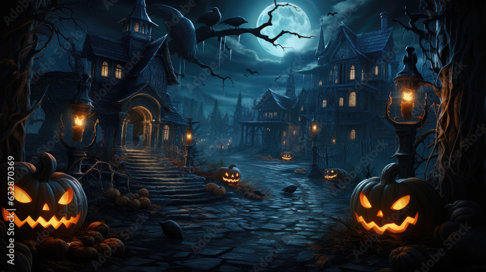 Halloween background with haunted house and pumpkins and moon. Vector illustration style. created by generative AI technology.