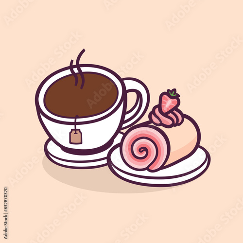 A Cup Of Hot Tea With Tea bag And Strawberry Swiss Role Cake In Hand-Drawn Doodle Style.