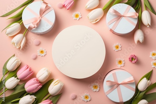  Women's Day concept. Top view photo of white circle bouquets of colorful tulips with silk ribbon present boxes and sprinkles on isolated pastel pink background with, Generative AI