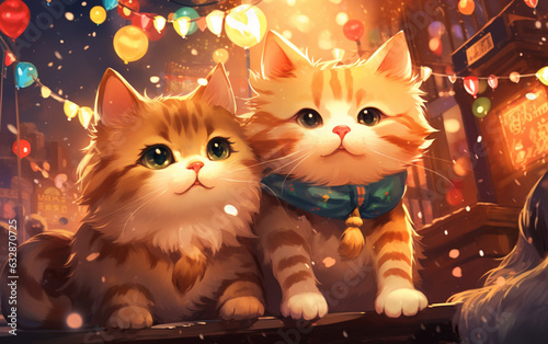 Generative AI abstract design chinese new year cute cats, surreal fantasy. Concept of happy new year. 