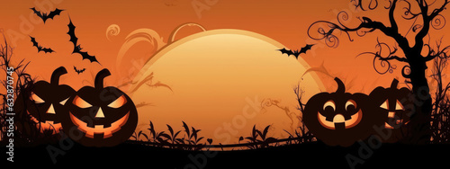 Halloween background with pumpkins  bats and moon. created by generative AI technology.