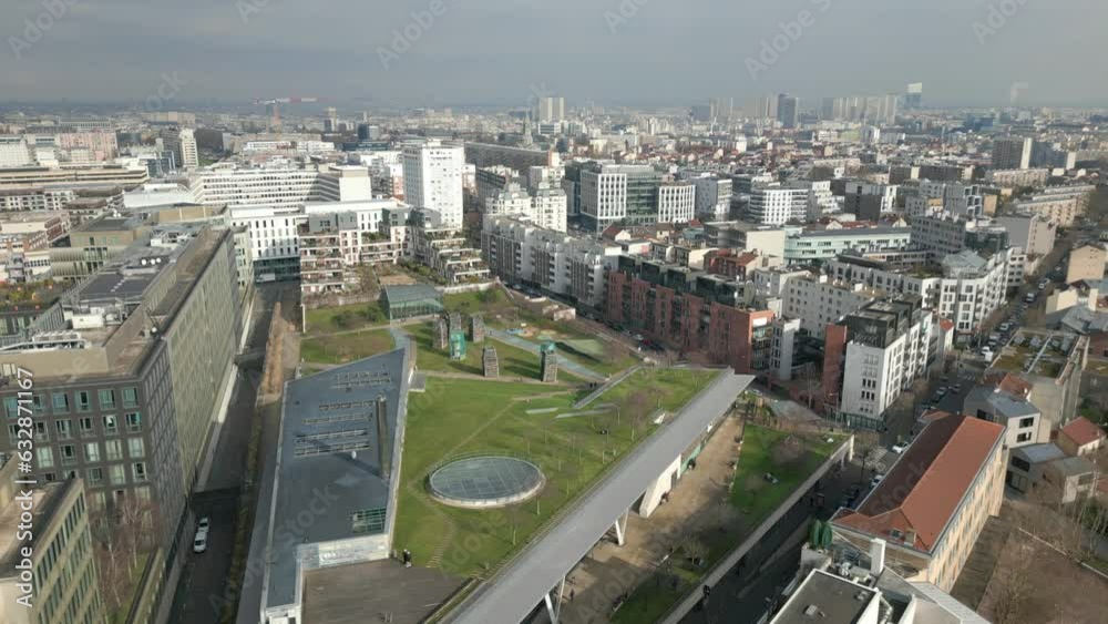 Atypical shopping centre on rooftop called La Vache Noire in Arcueil, France with roof gardens. Aerial drone view Atypical shopping centre on rooftop called La Vache Noire in Arcueil, France with roof gardens. Aerial drone view