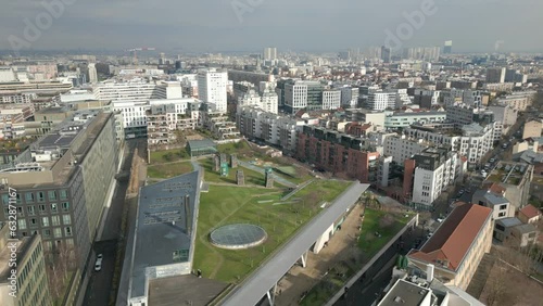 Atypical shopping centre on rooftop called La Vache Noire in Arcueil, France with roof gardens. Aerial drone view photo