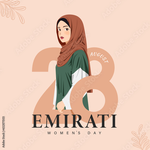 Emirates Women's Day Design with Female with Hijab Vector Illustration. Emirati Womens Day Template Suitable for Poster Banner Flyer Background. UAE Women's Day August.