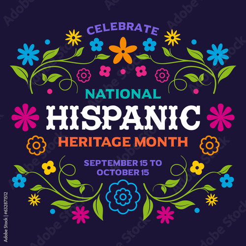 Hispanic american heritage month, web banner, vector, post, poster, flyer, social media post, card, template, printable for National Hispanic heritage month. Mexican Culture, floral border, background