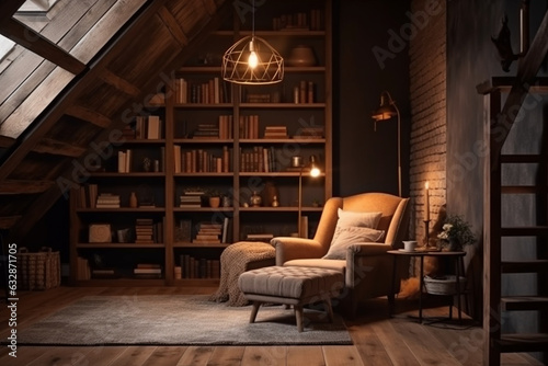 A cozy reading nook with a large bookshelf and comfortable armchair, Interior Design in a Loft, 