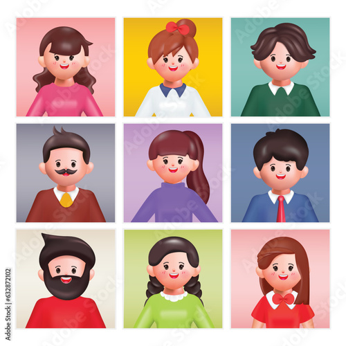 3d render, people avatar collection. Set of stickers with cartoon character faces, user id thumbnail, modern icons for social account design. Portrait rectangle isolated on white background