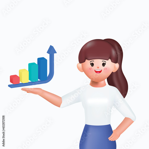 3D Business woman holding graphic in hand. Data analytics, dashboard and business finance report. 3D cartoon style design illustrations