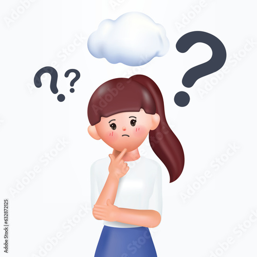 3D cartoon character. Young woman standing and question mark thinking doubt concept.