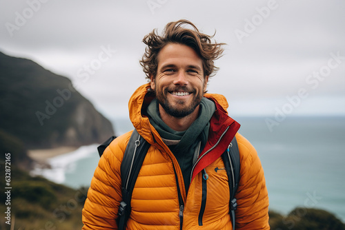 Generative AI portrait of handsome guy traveler surfer in touristic clothing enjoying ocean sea waves swimming time