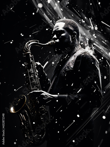 Young african american jazz musician playing the saxophone on black background