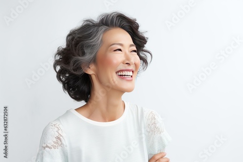 Happy laughing Asian 50 years old woman. Happy woman on a grey background. The concept of health care, mental health. photo