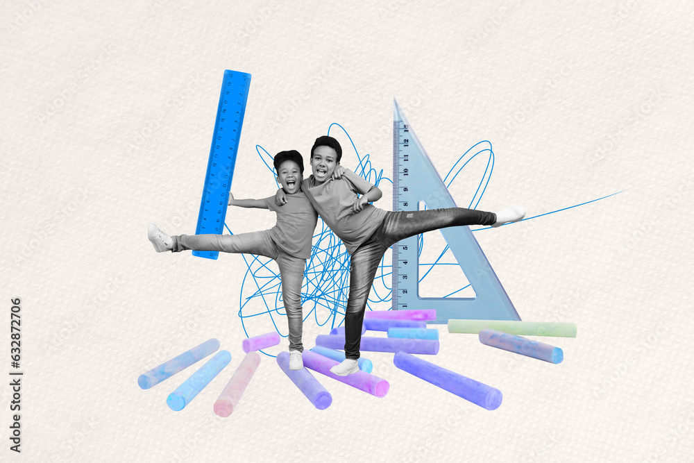 Naklejka premium Collage picture of two black white colors mini funky kids embrace stand big chalk centimeter ruler triangular isolated on creative background