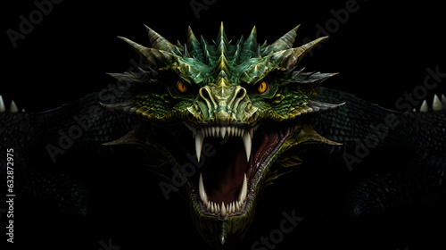 portrait d'un dragon vert la gueule ouverte sur fond noir - gros plan photo