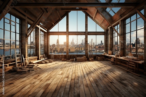 Interior of modern loft with wooden floor and panoramic city view  © ttonaorh