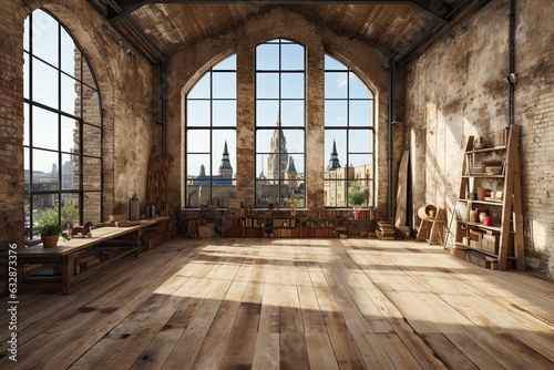 Interior of modern loft with wooden floor and panoramic city view 