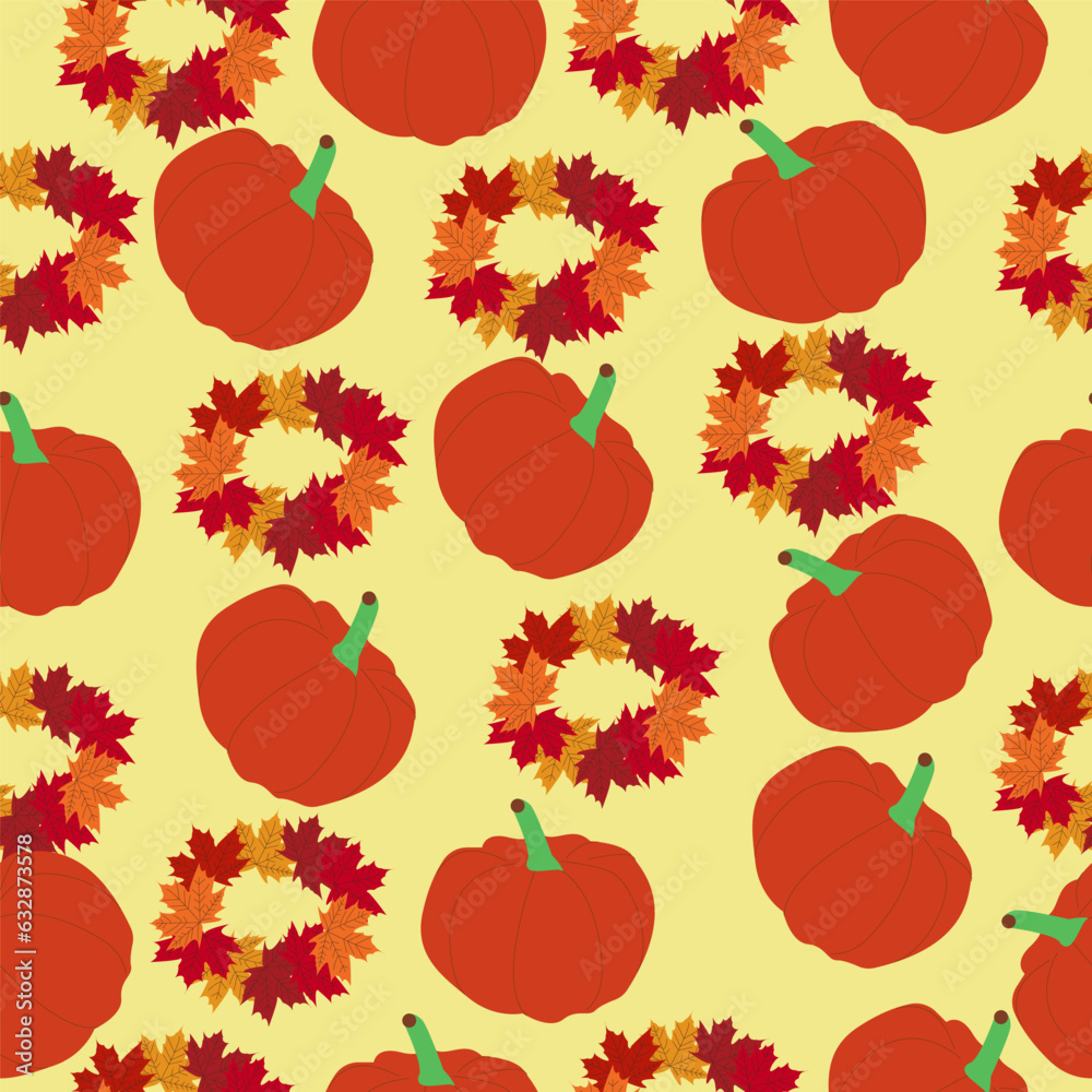 Autumn seamless pattern - maple wreaths and pumpkins on a light yellow background - vector. Autumn symbols - colorful maple leaves and ripe pumpkin. For textile, fabric, bags print, wallpaper, packing