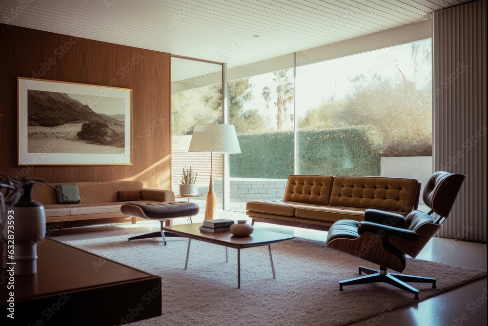 Fototapeta premium Generative AI illustration of mid-century modern house living room interior design, Generative AI