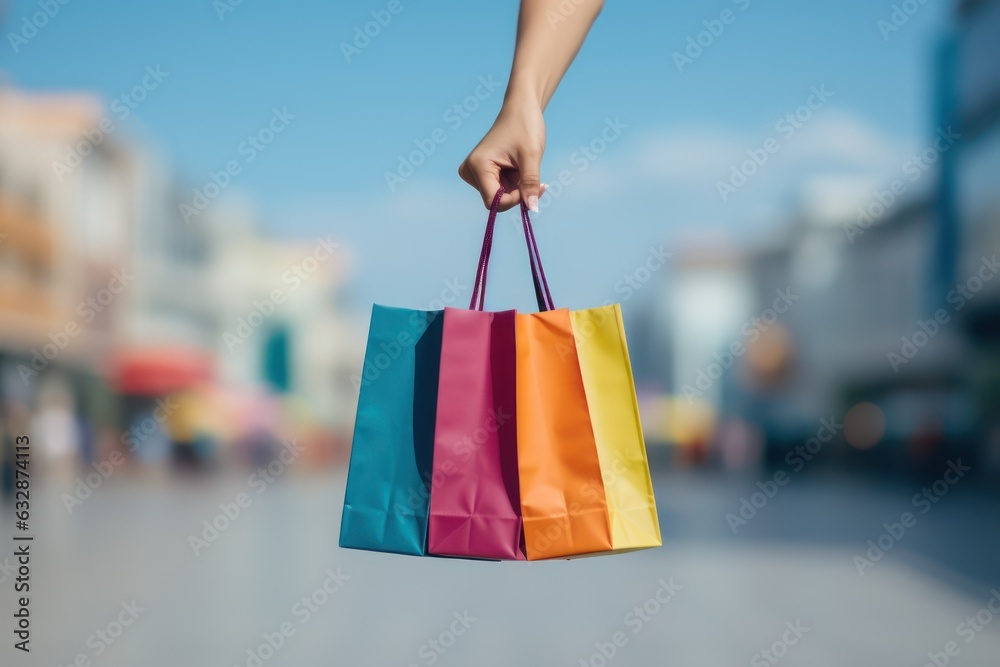 Multi colored shopping bags, Hand holding shopping bags, Generative AI