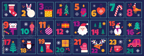 Christmas advent calendar countdown printable numbered poster with xmas elements and symbols, vector illustration