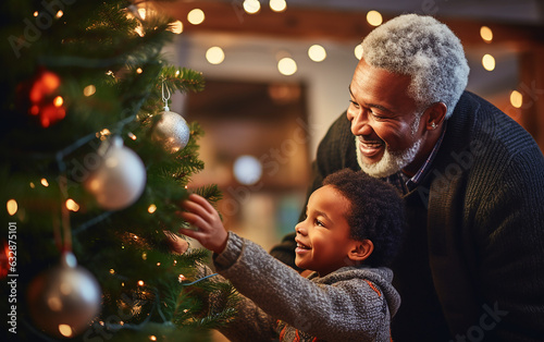 Smiling senior black african american dark-skinned grandfather and his grandson decorating a Christmas tree photo