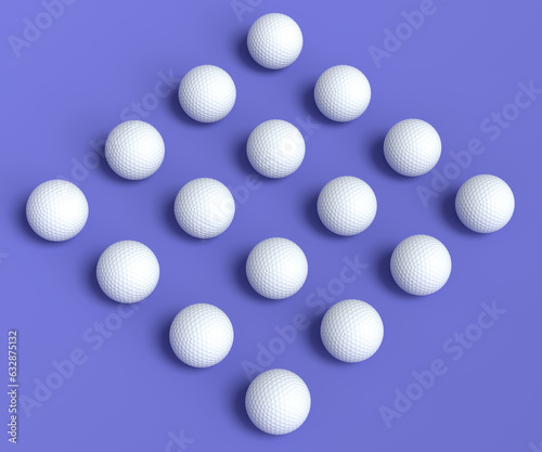 Set of golf ball lying in row on violet background