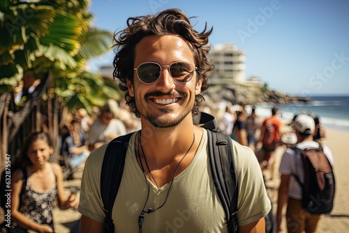 handsome young man tourist having fun on summer vacation smiling and looking at camera