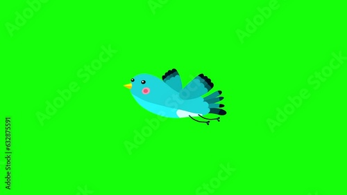 Nightingale bird blue cartoon animation character flying singing green box. Blinking eyes seamless loop behaviour.