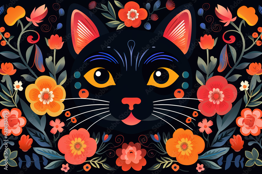 Fototapeta premium Pattern design using cat head and flowers and leaves. Pet. Animals. Illustration, Generative AI.