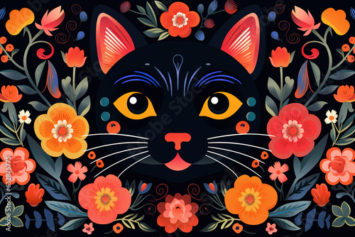 Pattern design using cat head and flowers and leaves. Pet. Animals. Illustration, Generative AI.