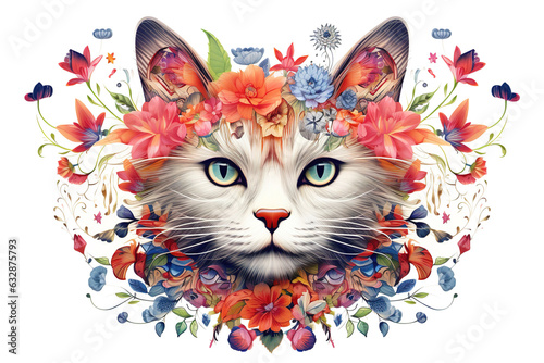 Image of pattern design using cat head and flowers and leaves. Pet. Animals. Illustration, Generative AI.