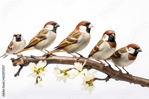 Image of family group of plain backed sparrow on the branch on white background. Birds. Wildlife Animals. Illustration, Generative AI.